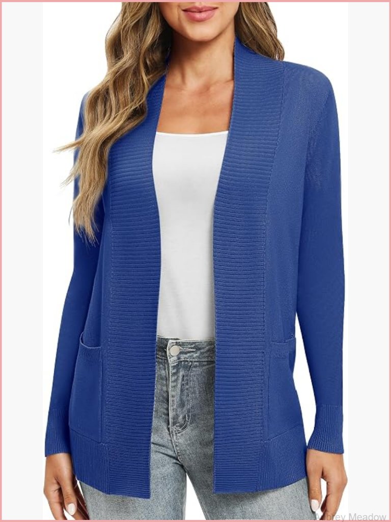 Lightweight Long Sleeve Knit Cardigan With Pockets Open Front Casual Sweater